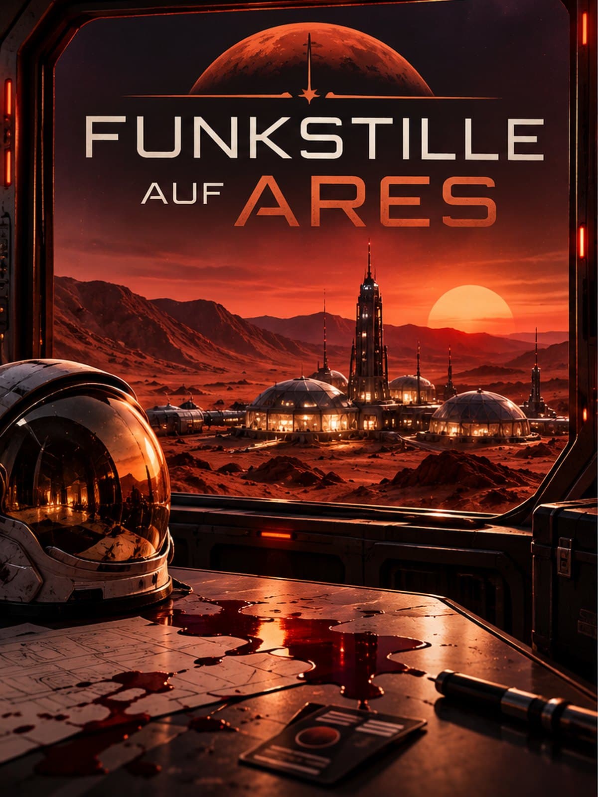 Titelbild: Funkstille auf Ares, Blick aus dem Fenster einer Marsstation auf Glaskuppeln im roten Abendlicht, davor ein Raumhelm und ein Tisch mit Lageplan und Blutspuren
