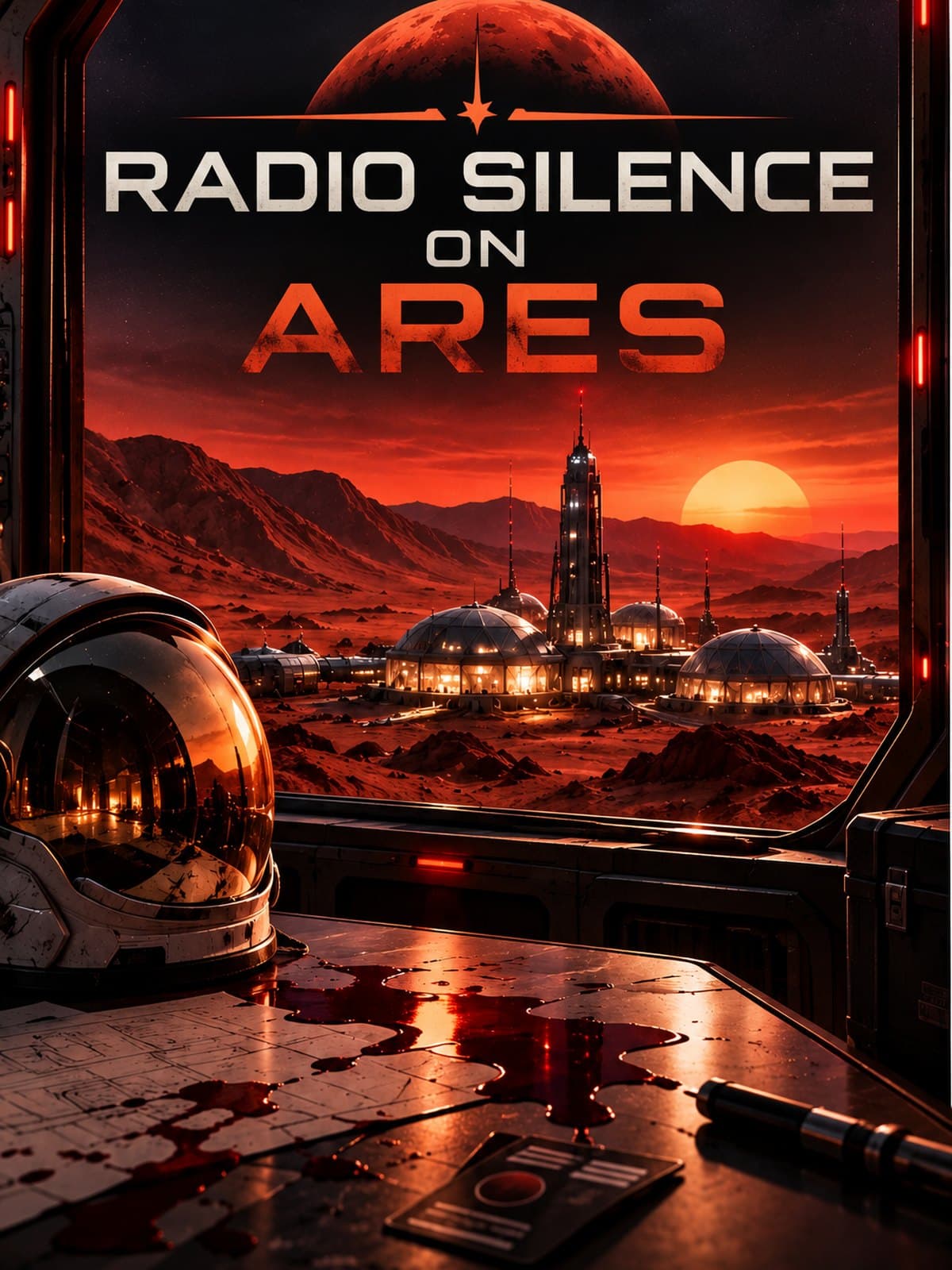Cover: Radio Silence on Ares, view from a Mars station window onto glass domes in the red evening light, with a space helmet and a table with a floor plan and blood stains in front