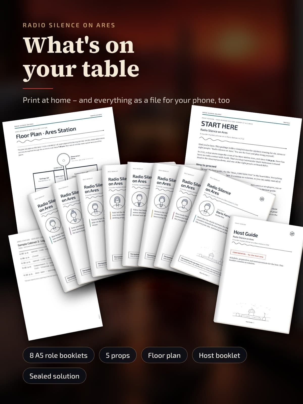 The printed materials on a table: A5 role booklets, floor plan, START HERE, host booklet and a prop