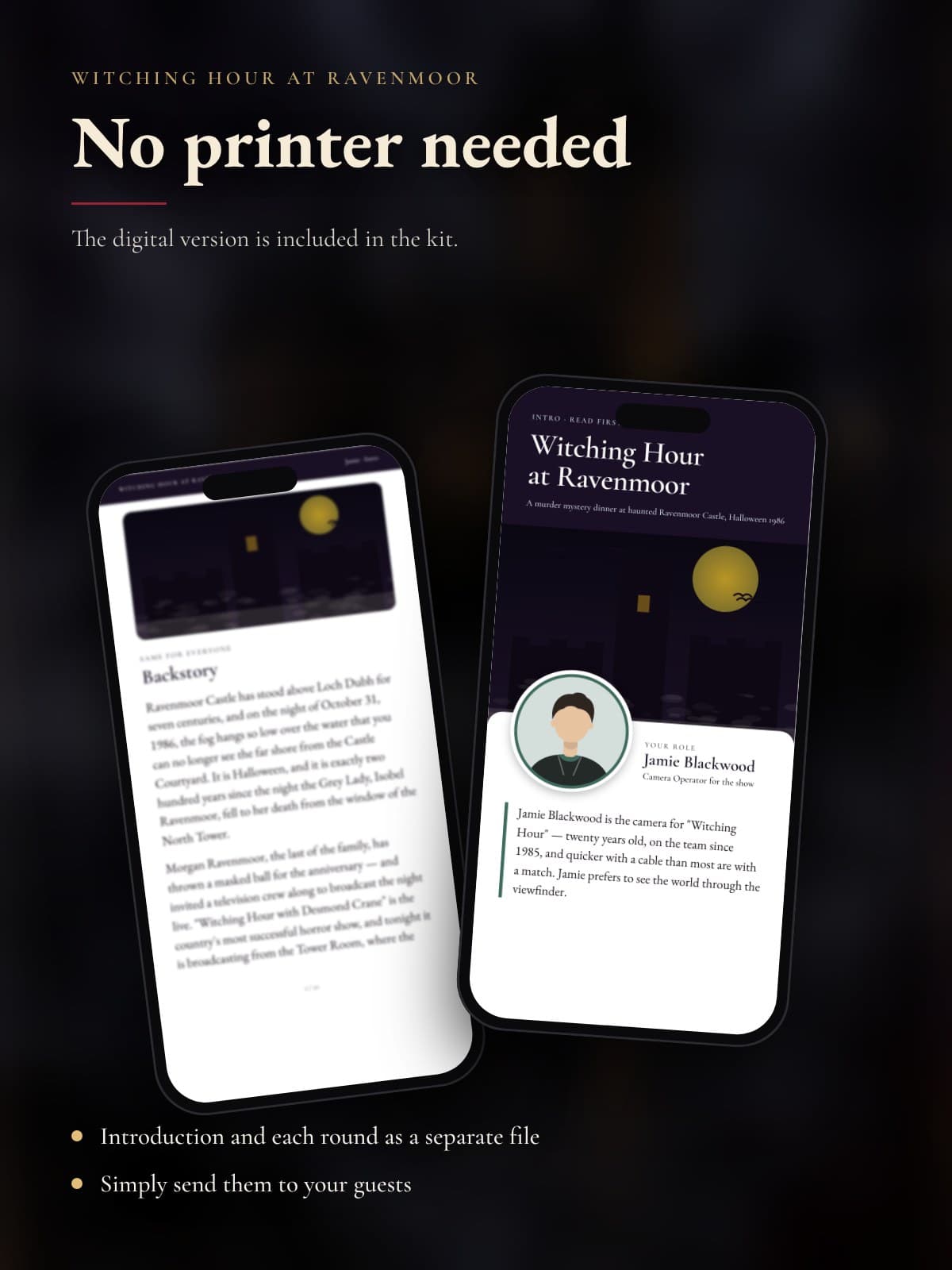 Two phones showing Morgan Ravenmoor's introduction from the digital version