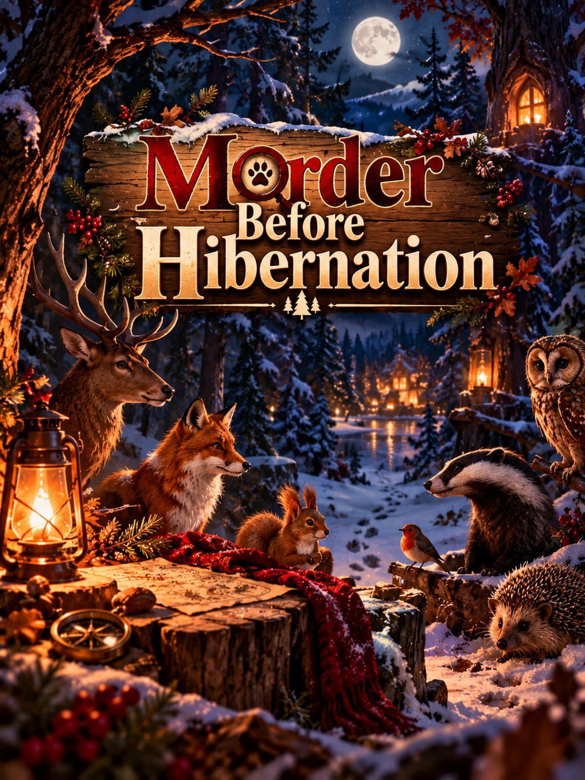 Cover: Murder Before Hibernation, a wooden sign in a snowy night forest, in front of it a stag, fox, squirrel, badger, owl, robin and hedgehog around a lantern, a lit settlement under a full moon in the background