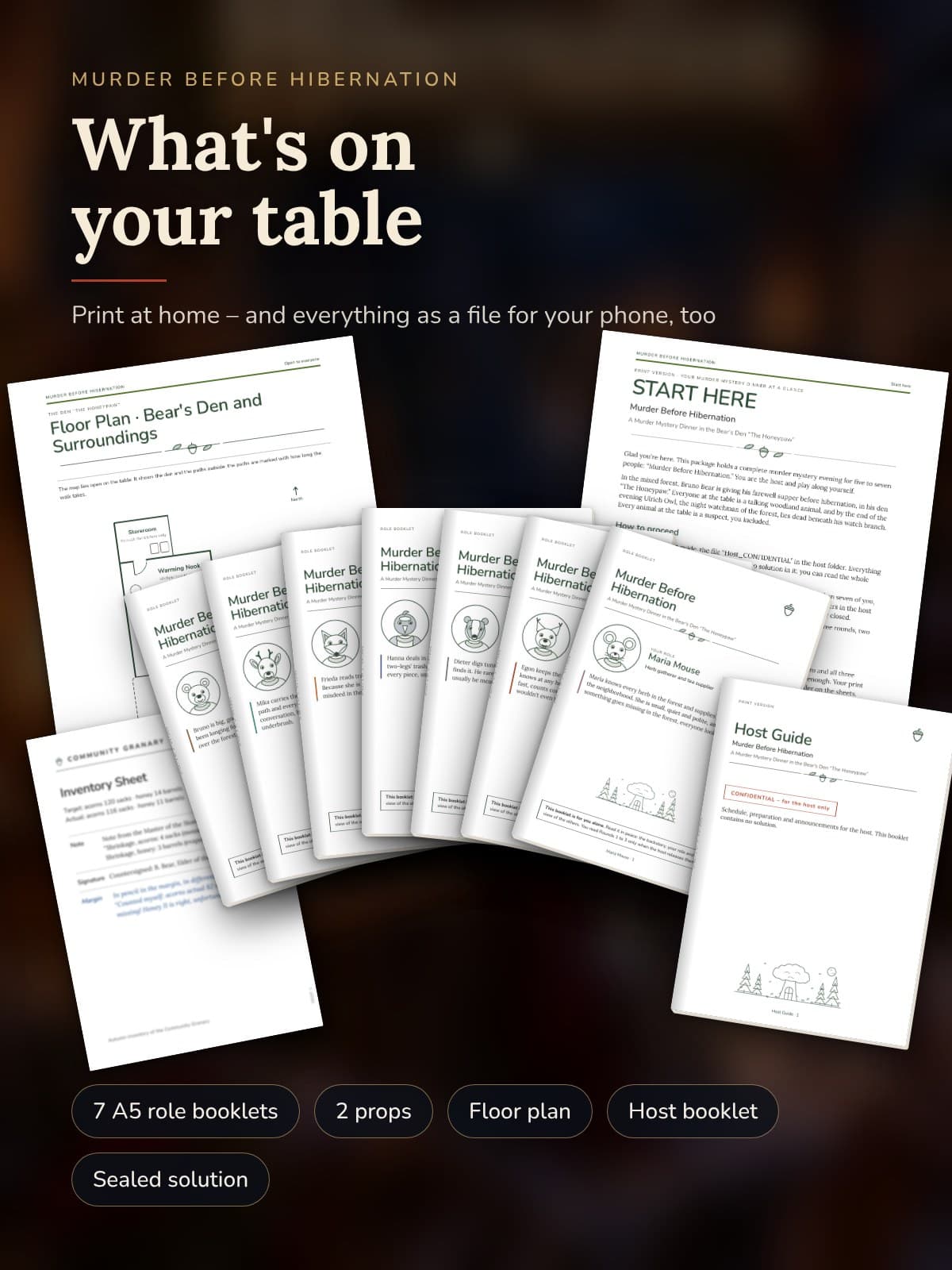 The printed materials: seven A5 role booklets, floor plan of the bear's den, START HERE, host guide and two props