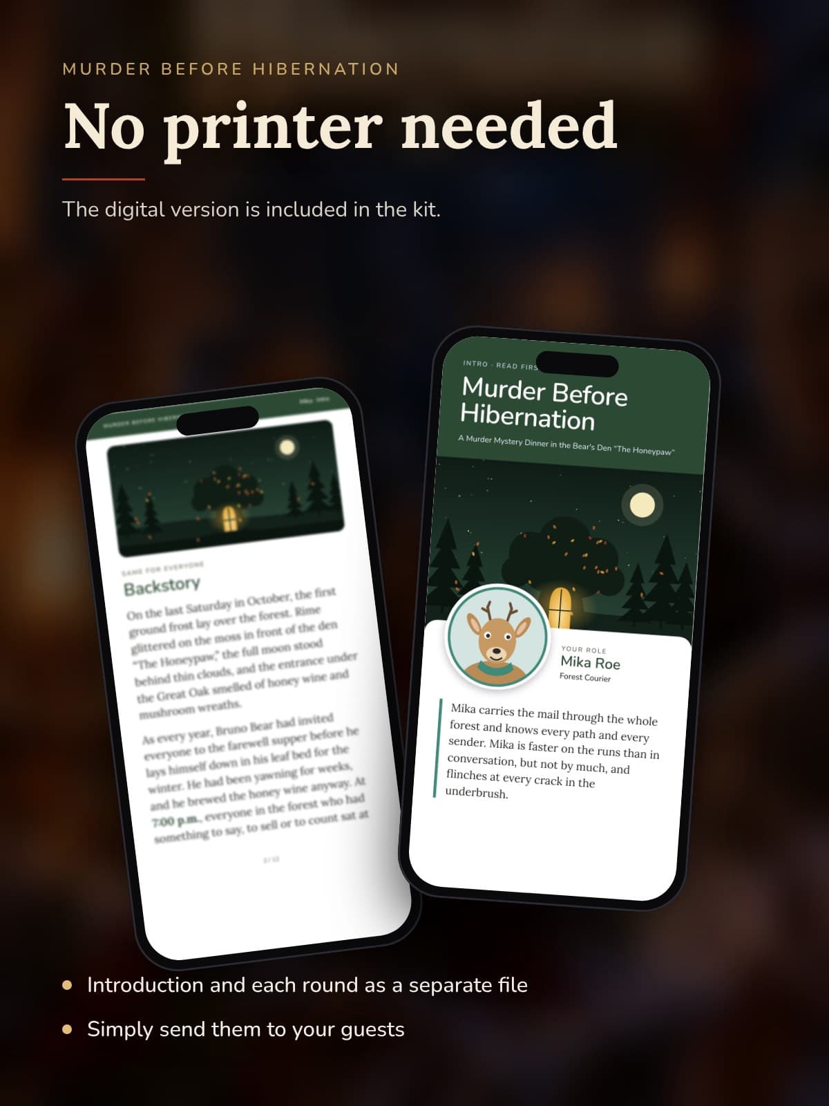 Two phones show a character's intro from the Digital version