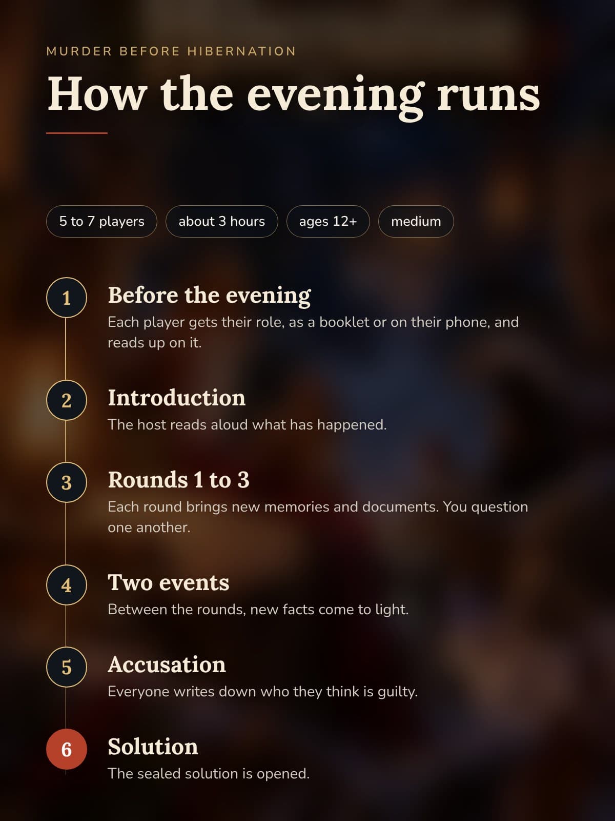 How the evening runs: beforehand, prologue, three rounds, two events, accusation and solution