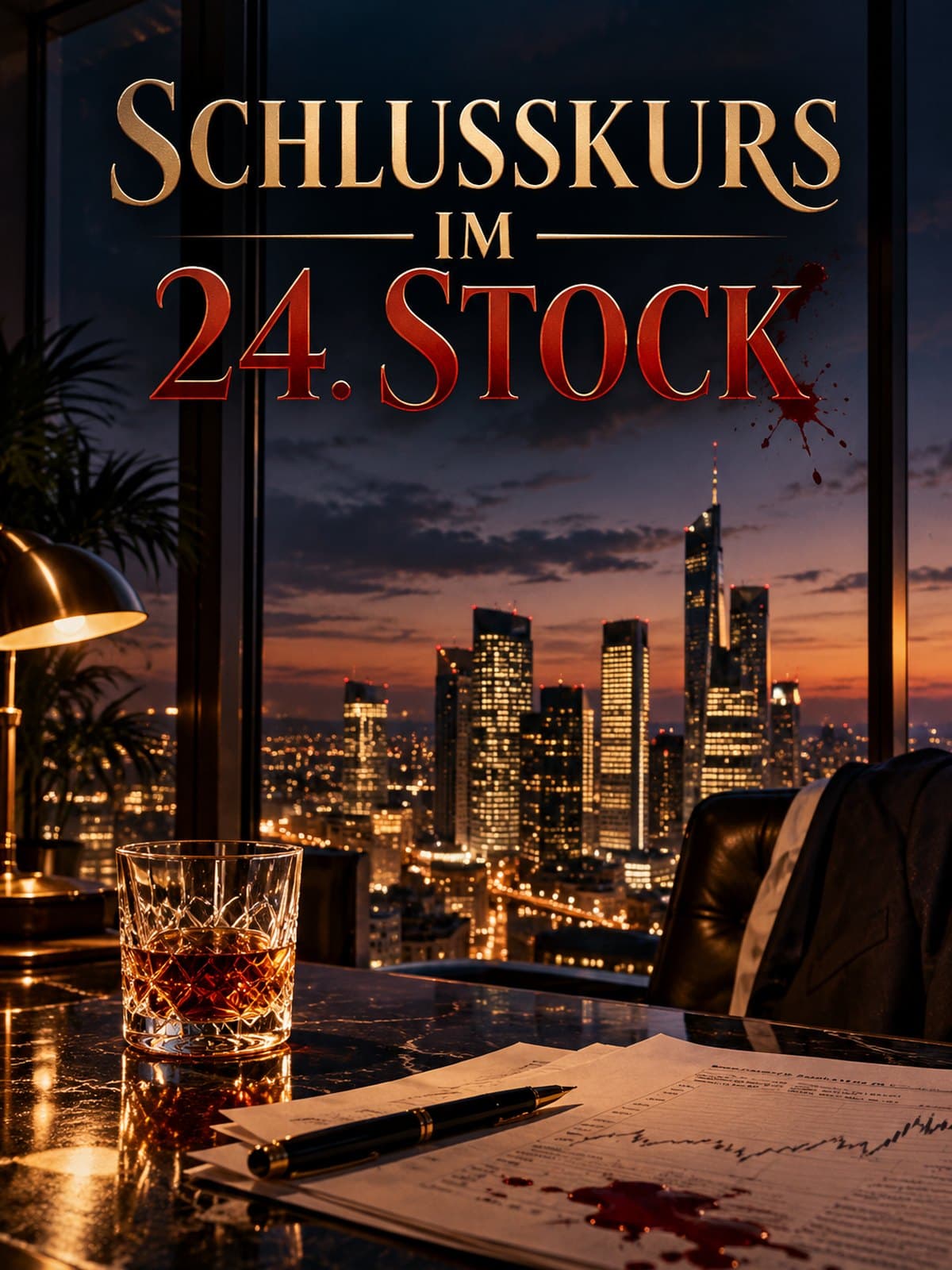 Titelbild: Schlusskurs im 24. Stock, ein Whiskyglas und Unterlagen auf einem Schreibtisch im Hochhaus, dahinter die Skyline bei Nacht