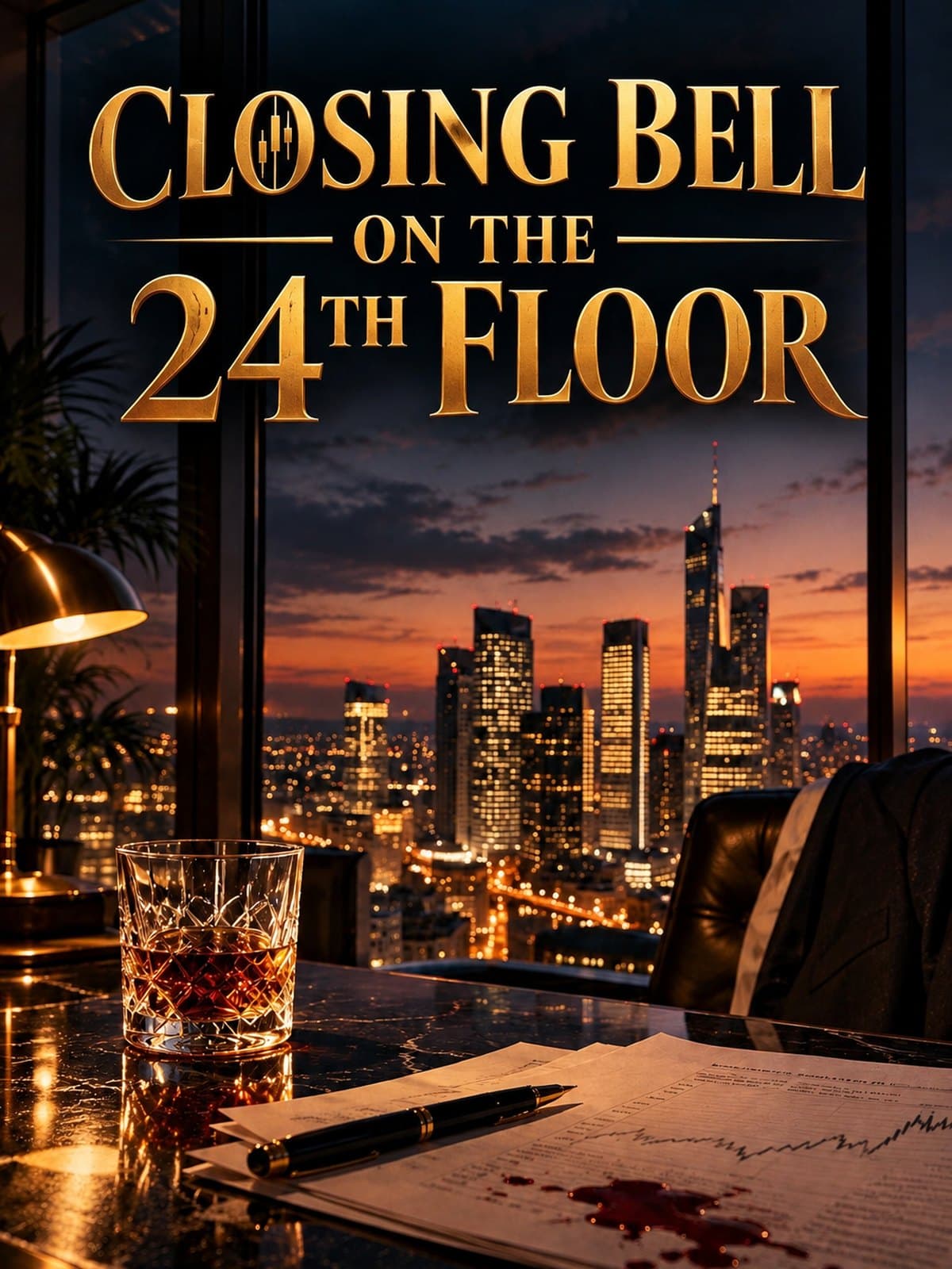 Cover: Closing Bell on the 24th Floor, a city skyline at dusk seen from a high office, with a whisky glass, a pen and papers with blood stains on the desk