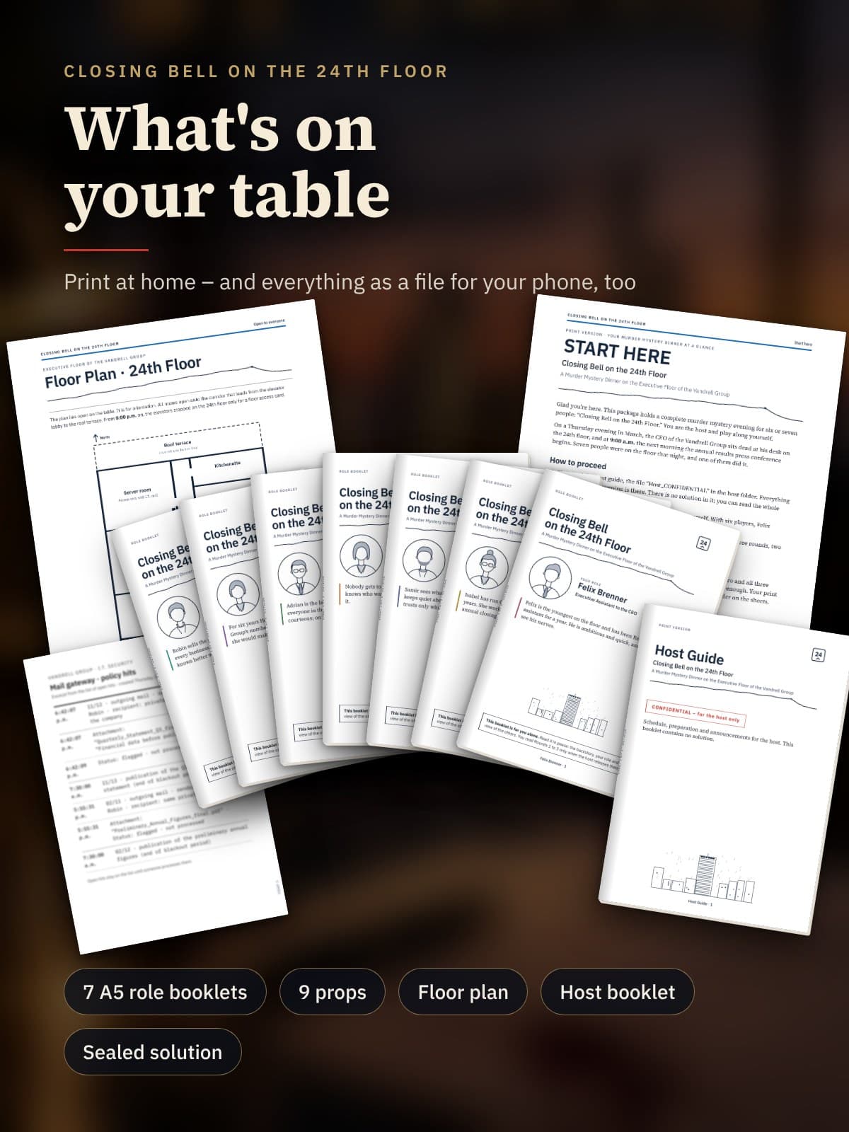 The printed materials on a table: A5 role booklets, floor plan, START HERE, host booklet and a prop
