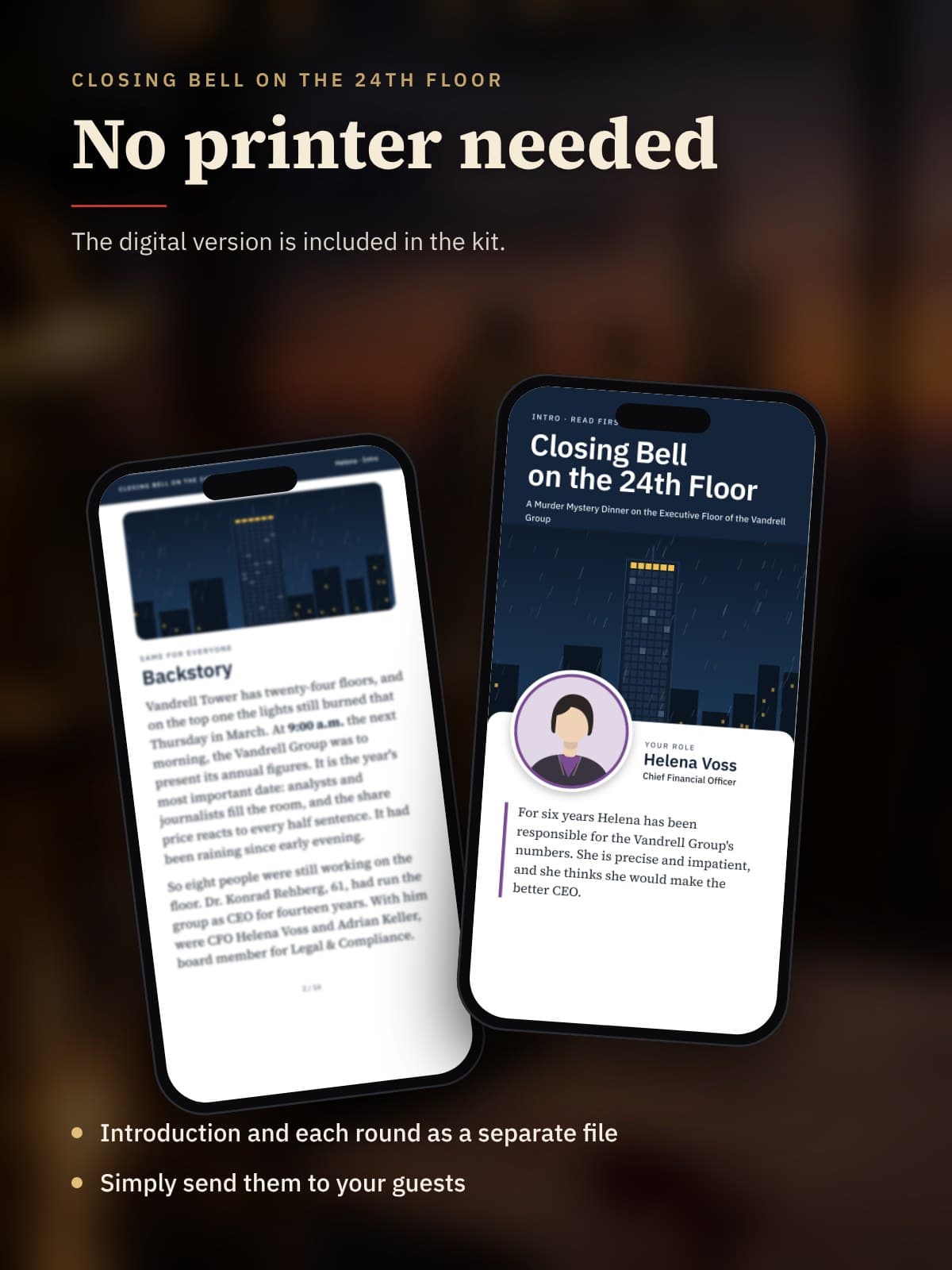 Two phones showing a character's introduction from the digital version