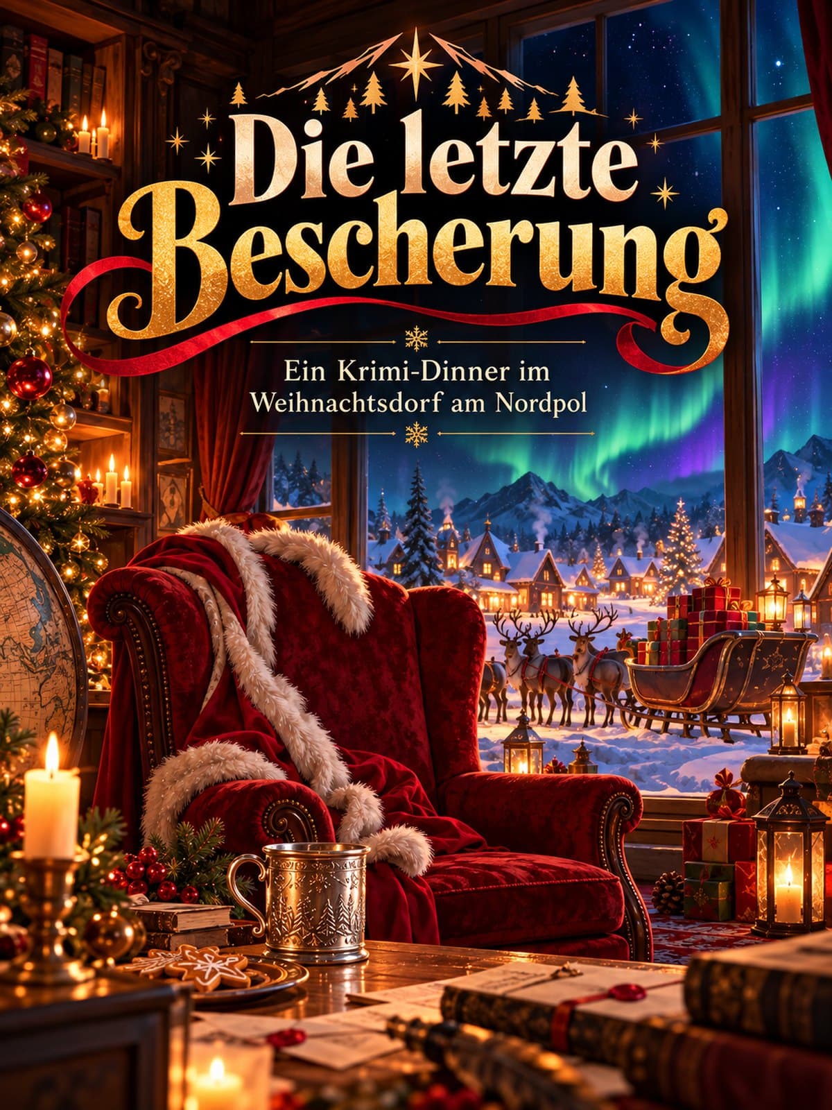 Titelbild: Die letzte Bescherung, ein roter Ohrensessel mit Pelzbesatz in einer Stube voller Kerzen, durchs Fenster Nordlicht, Rentiere und ein beladener Schlitten im Schnee