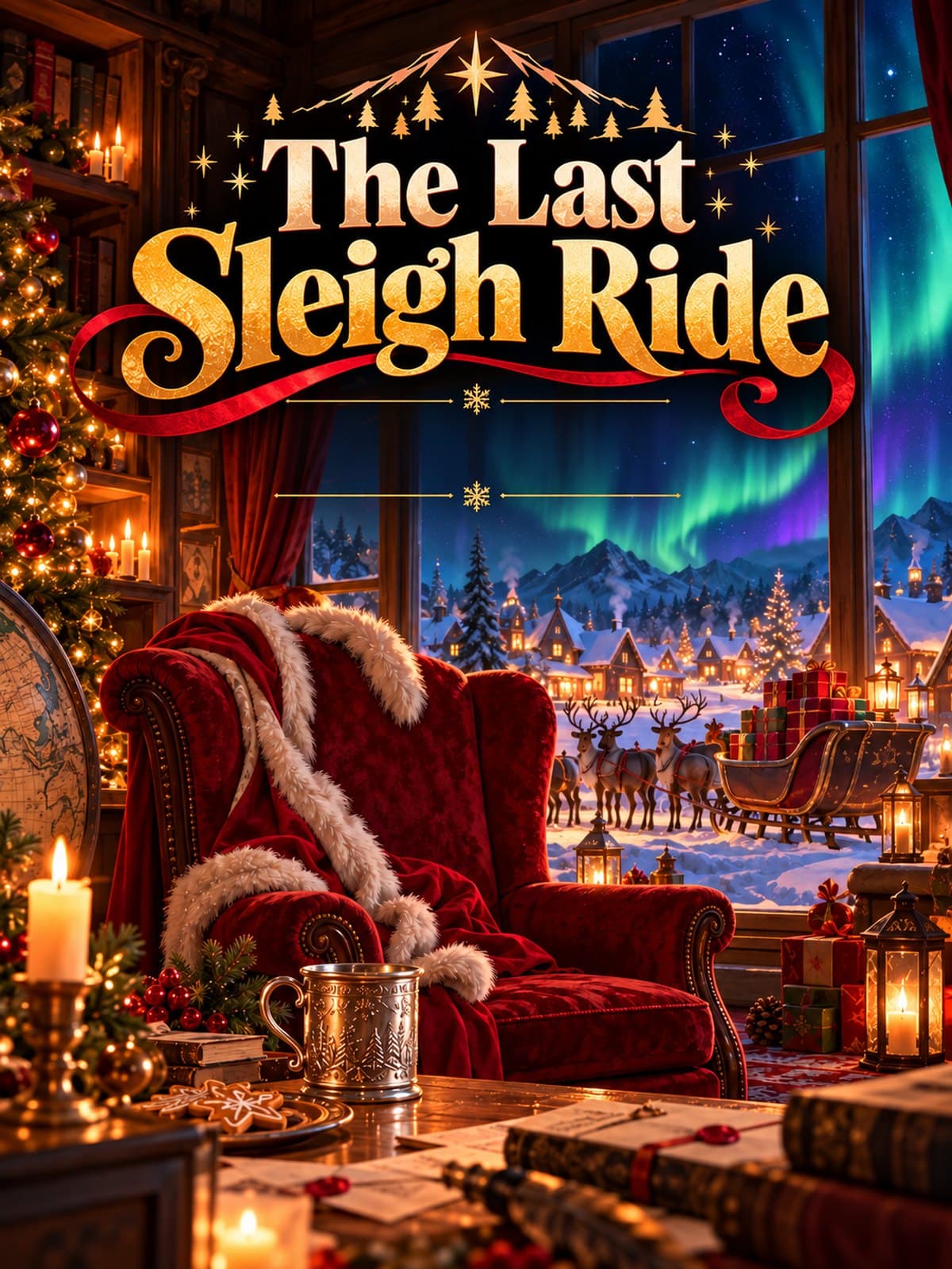 Cover: The Last Sleigh Ride, a red wingback chair trimmed with fur in a candlelit room, with northern lights, reindeer and a loaded sleigh in the snow outside the window