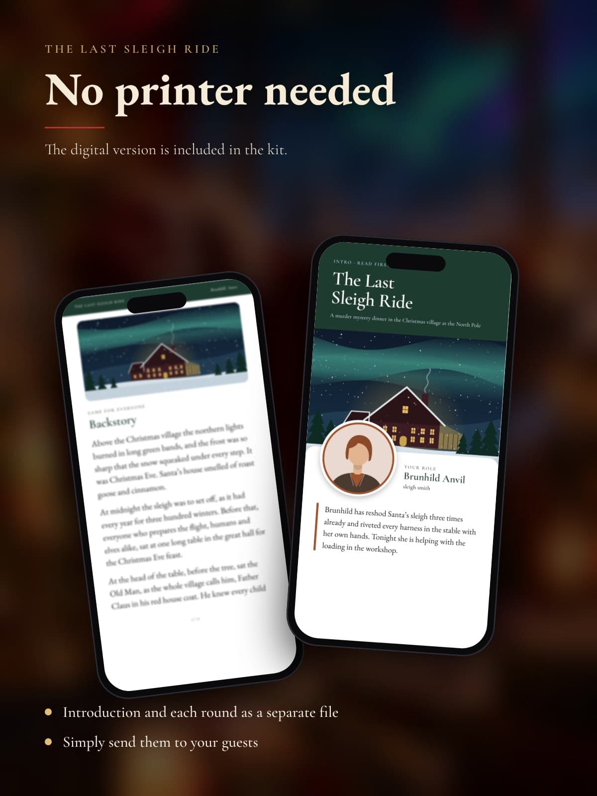 Two phones showing a character's introduction from the digital version