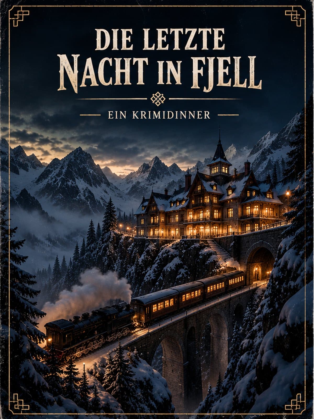 Titelbild: Die letzte Nacht in Fjell. Ein beleuchtetes Berghotel mit Turm hoch im verschneiten Gebirge in einer Winternacht; unter ihm fährt ein Dampfzug mit erleuchteten Wagen über einen steinernen Viadukt