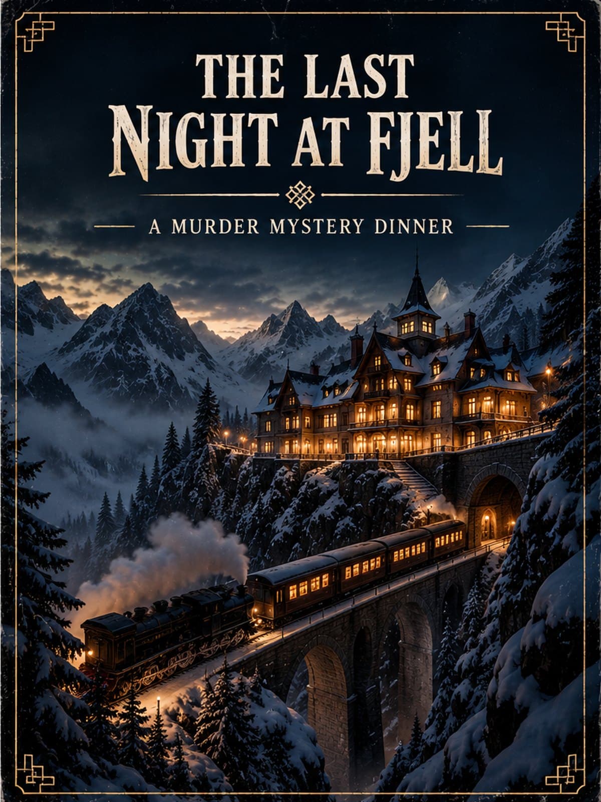Cover: The Last Night at Fjell. A lit mountain hotel with a tower high in the snowy mountains on a winter night; below it a steam train with lit carriages crosses a stone viaduct