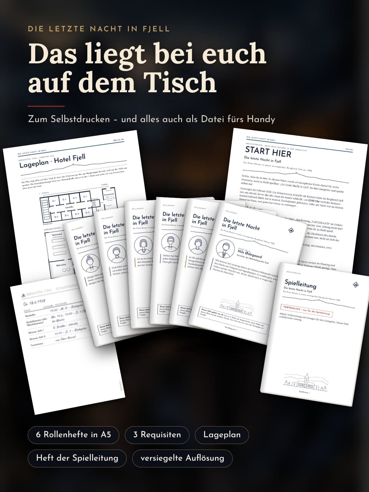 Die ausgedruckten Unterlagen auf einem Tisch: Rollenhefte in A5, Lageplan, START HIER, Heft der Spielleitung und eine Requisite