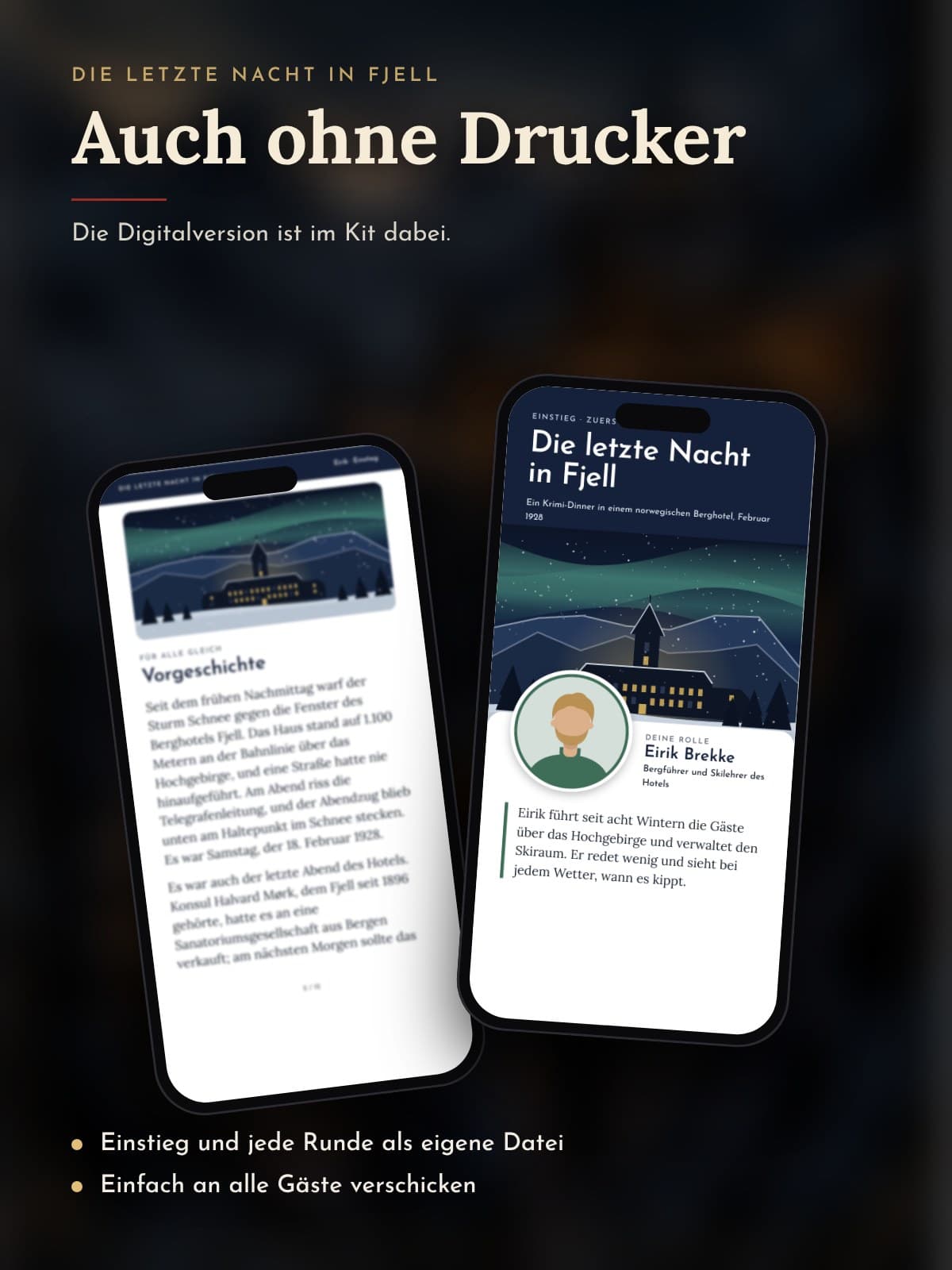 Zwei Handys zeigen den Einstieg einer Figur aus der Digitalversion