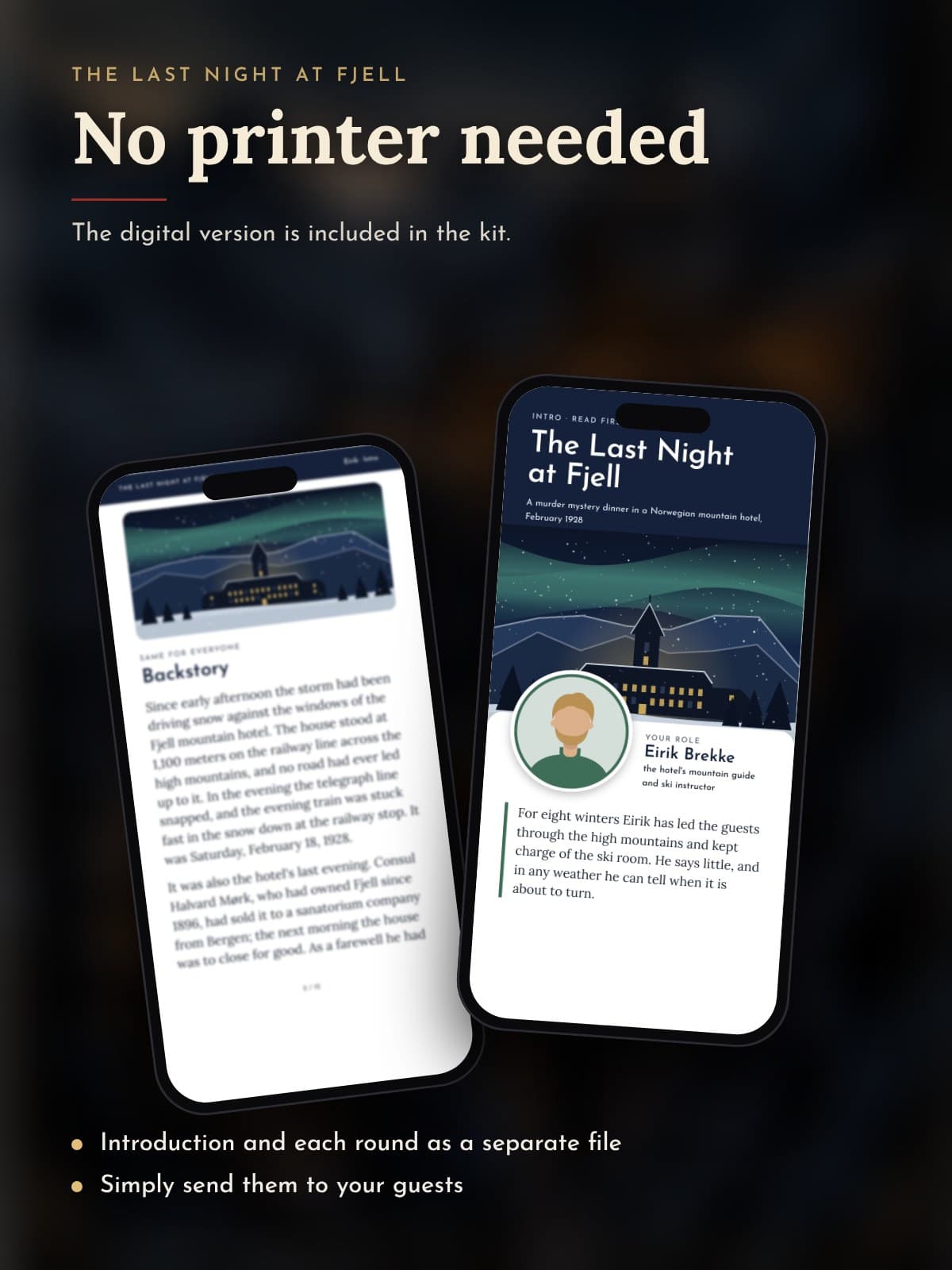 Two phones showing a character's introduction from the digital version
