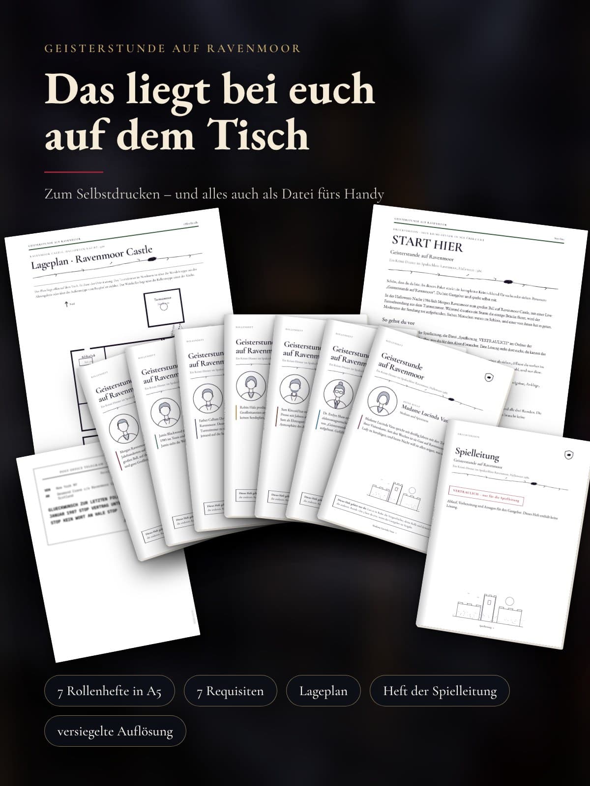 Die ausgedruckten Unterlagen: sieben Rollenhefte in A5, Lageplan von Ravenmoor Castle, START HIER, Heft der Spielleitung und eine Requisite