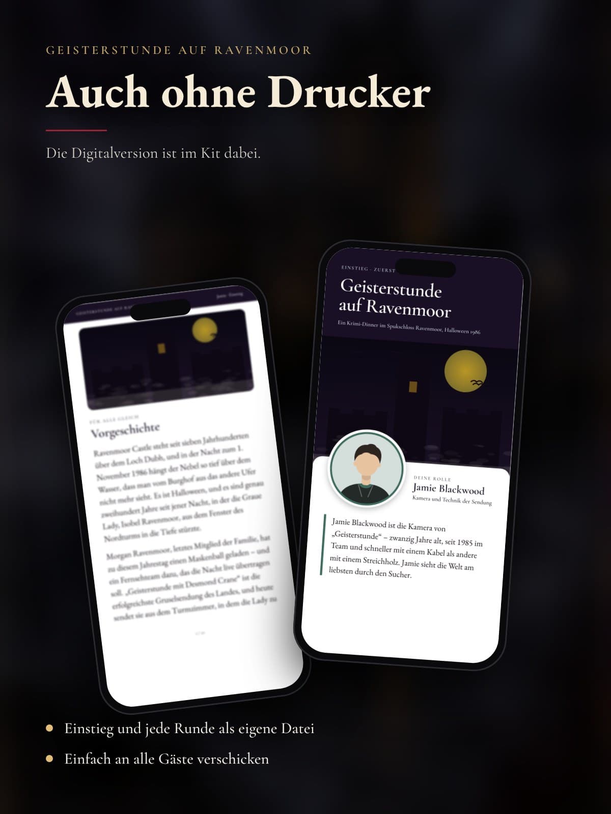 Zwei Handys zeigen den Einstieg von Morgan Ravenmoor aus der Digitalversion