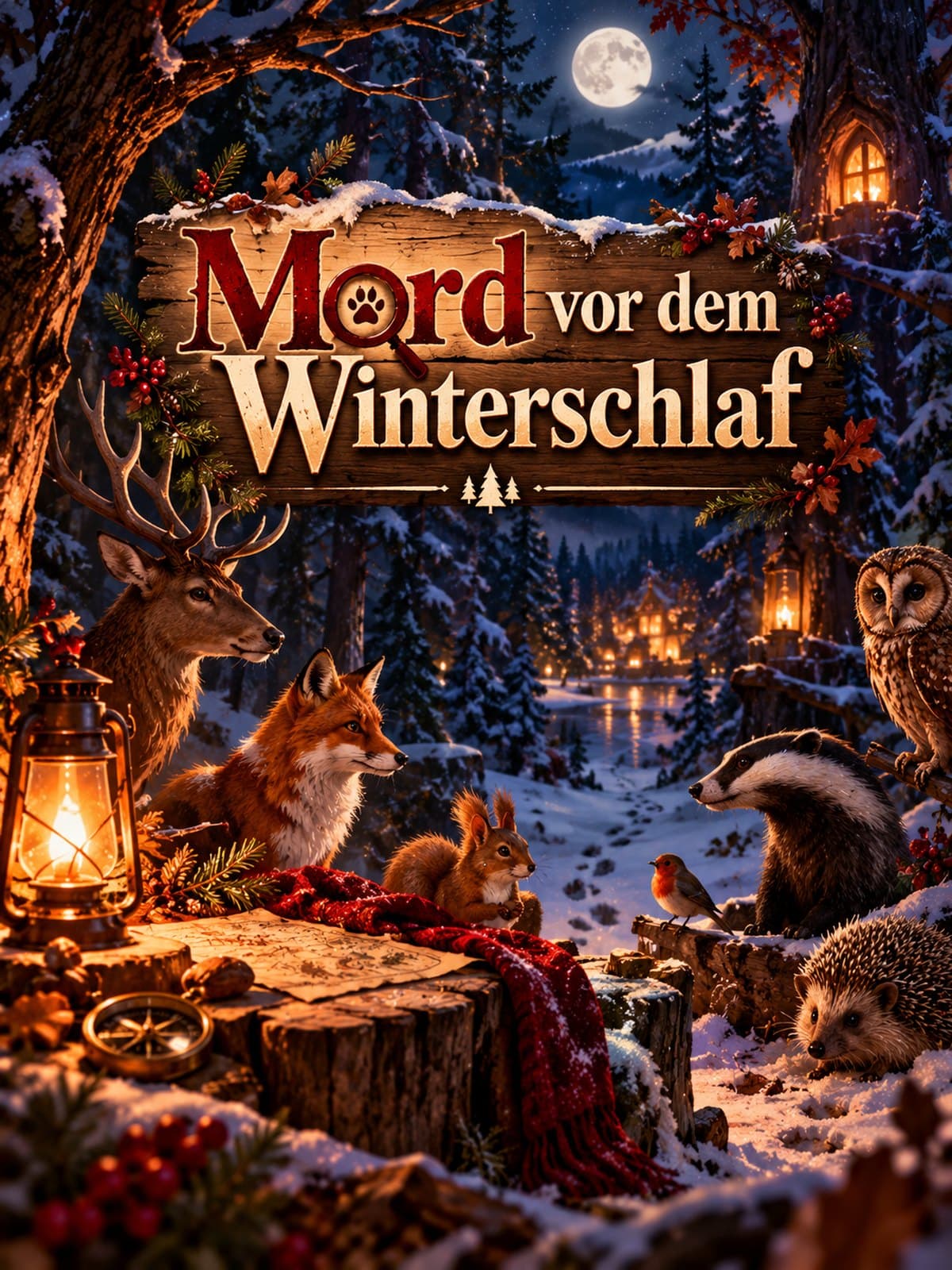 Titelbild: Mord vor dem Winterschlaf, ein Holzschild im verschneiten Nachtwald, davor Hirsch, Fuchs, Eichhörnchen, Dachs, Uhu, Rotkehlchen und Igel um eine Laterne, im Hintergrund eine erleuchtete Siedlung unter Vollmond