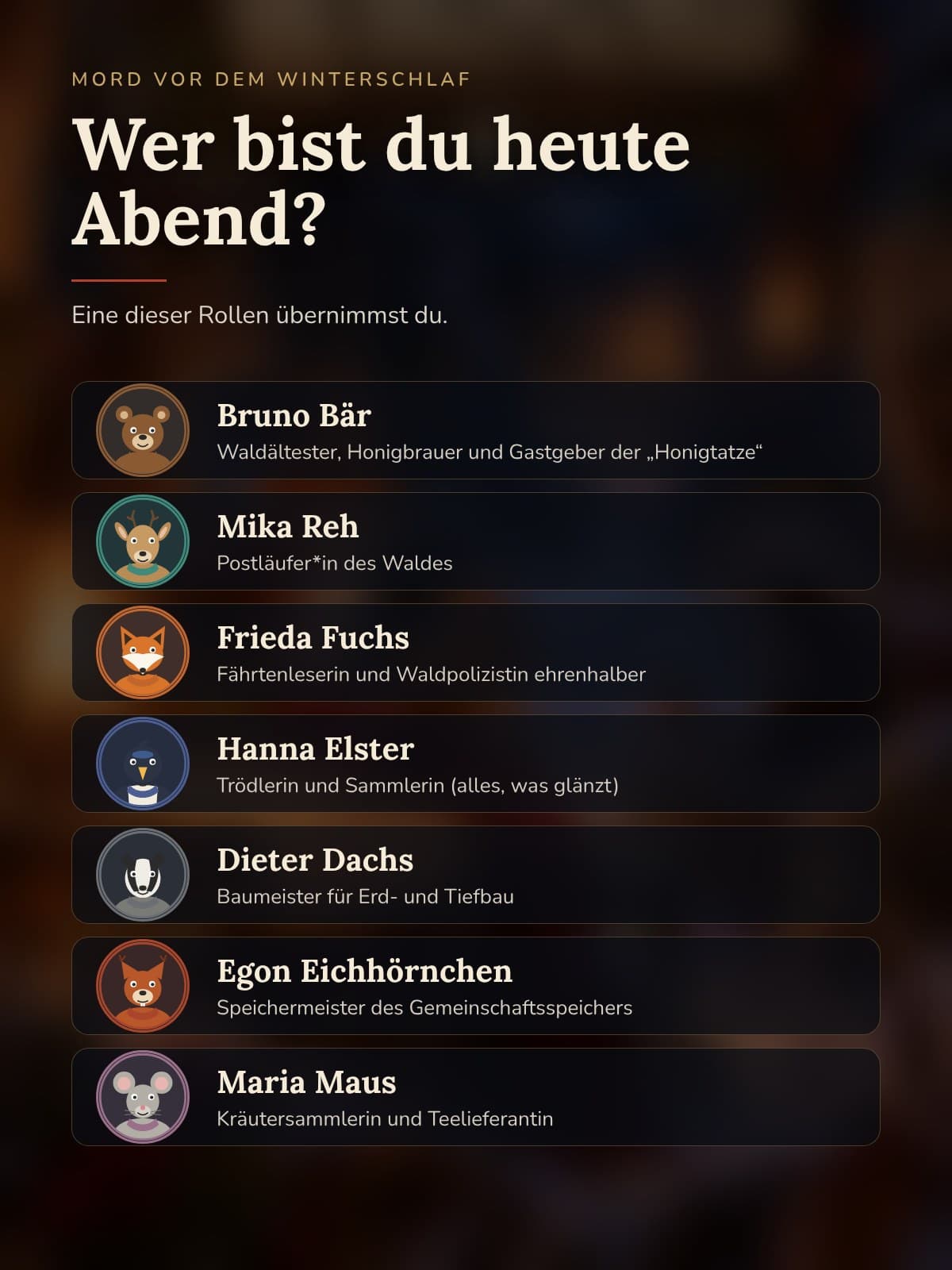 Die sieben Figuren des Krimi-Dinners mit Porträt, Name und Funktion