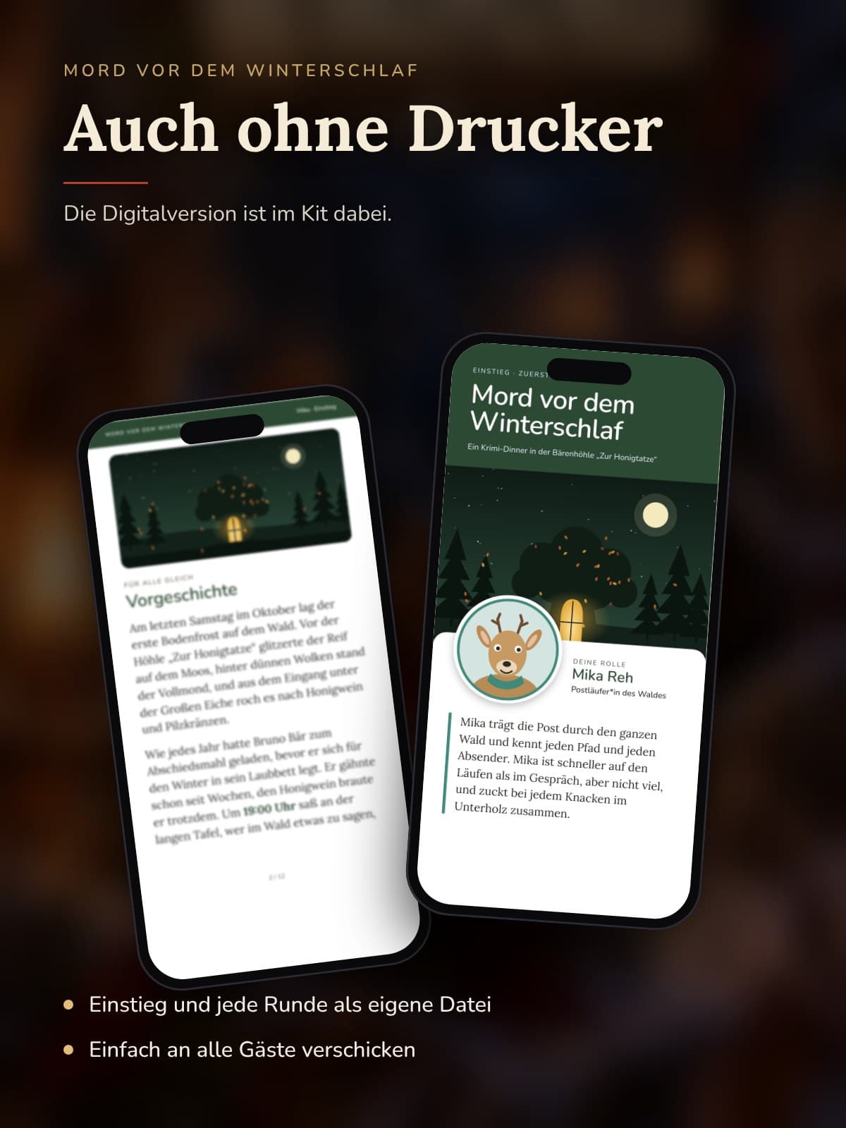 Zwei Handys zeigen den Einstieg einer Figur aus der Digitalversion