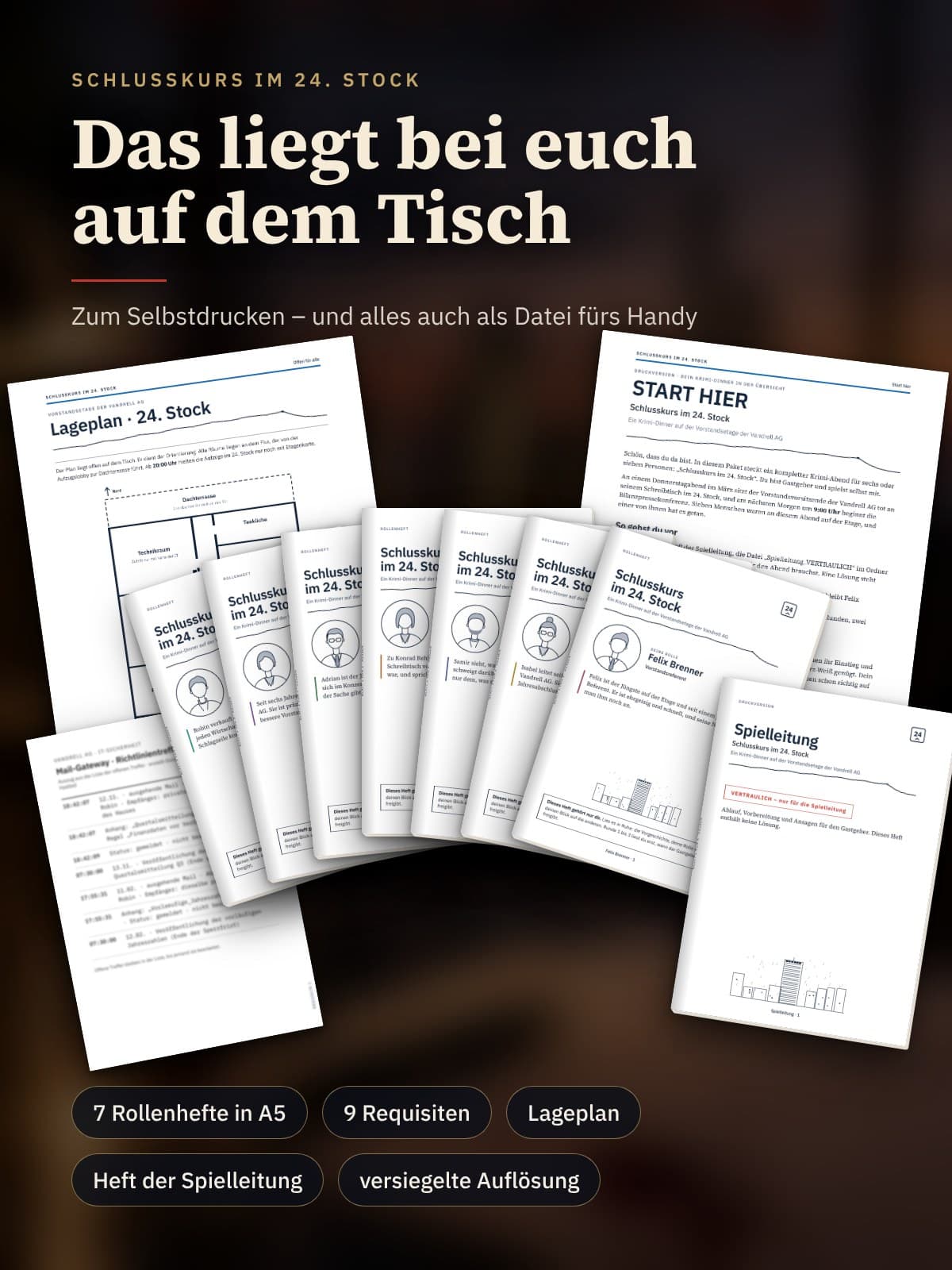 Die ausgedruckten Unterlagen: sieben Rollenhefte in A5, Lageplan der Vorstandsetage, START HIER, Heft der Spielleitung und eine Requisite