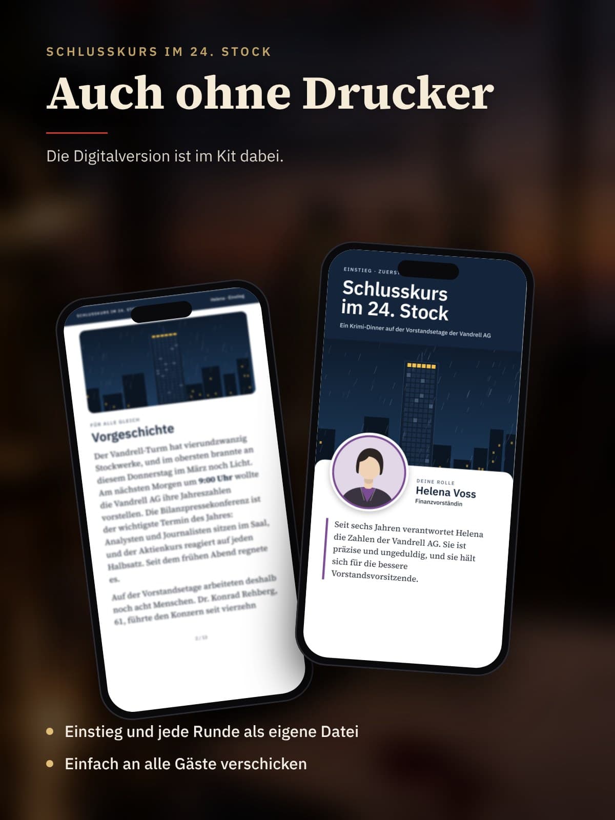 Zwei Handys zeigen den Einstieg von Helena Voss aus der Digitalversion