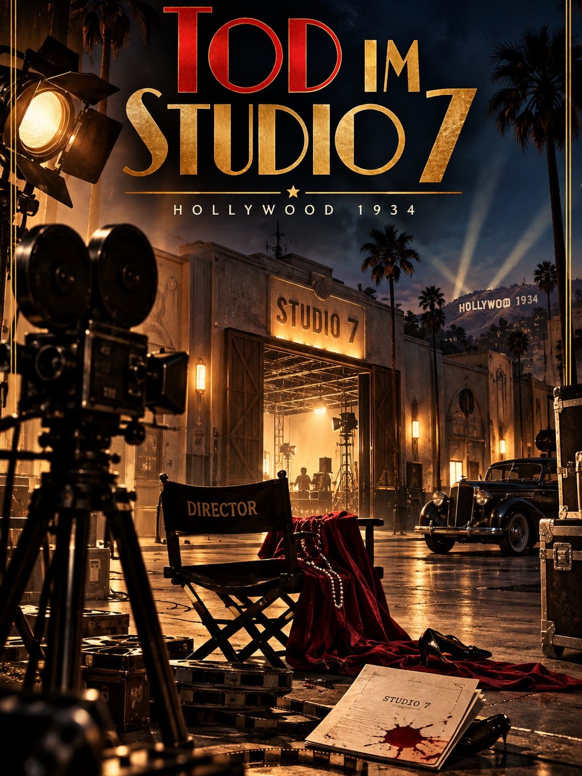 Titelbild: Tod im Studio 7, Hollywood 1934. Nachts vor dem offenen, hell erleuchteten Tor von Studio 7 stehen eine alte Filmkamera, ein Scheinwerfer und ein Regiestuhl, über dem ein roter Samtumhang mit Perlenkette hängt; davor liegt ein Drehbuch mit einem roten Fleck. Im Hintergrund Palmen, Suchscheinwerfer und ein schwarzer Oldtimer.