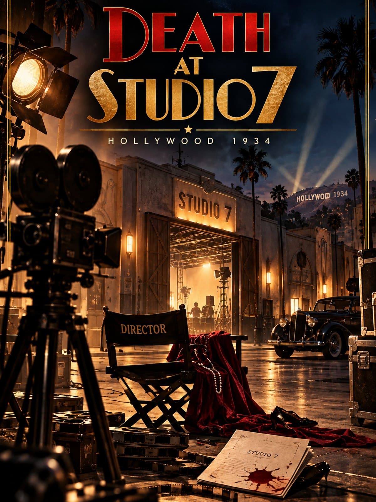 Cover: Death at Studio 7, Hollywood 1934. At night, outside the open, brightly lit gate of Studio 7, stand an old film camera, a spotlight and a director's chair with a red velvet cape and a string of pearls draped over it; in front lies a script with a red stain. Palm trees, searchlights and a black vintage car in the background.