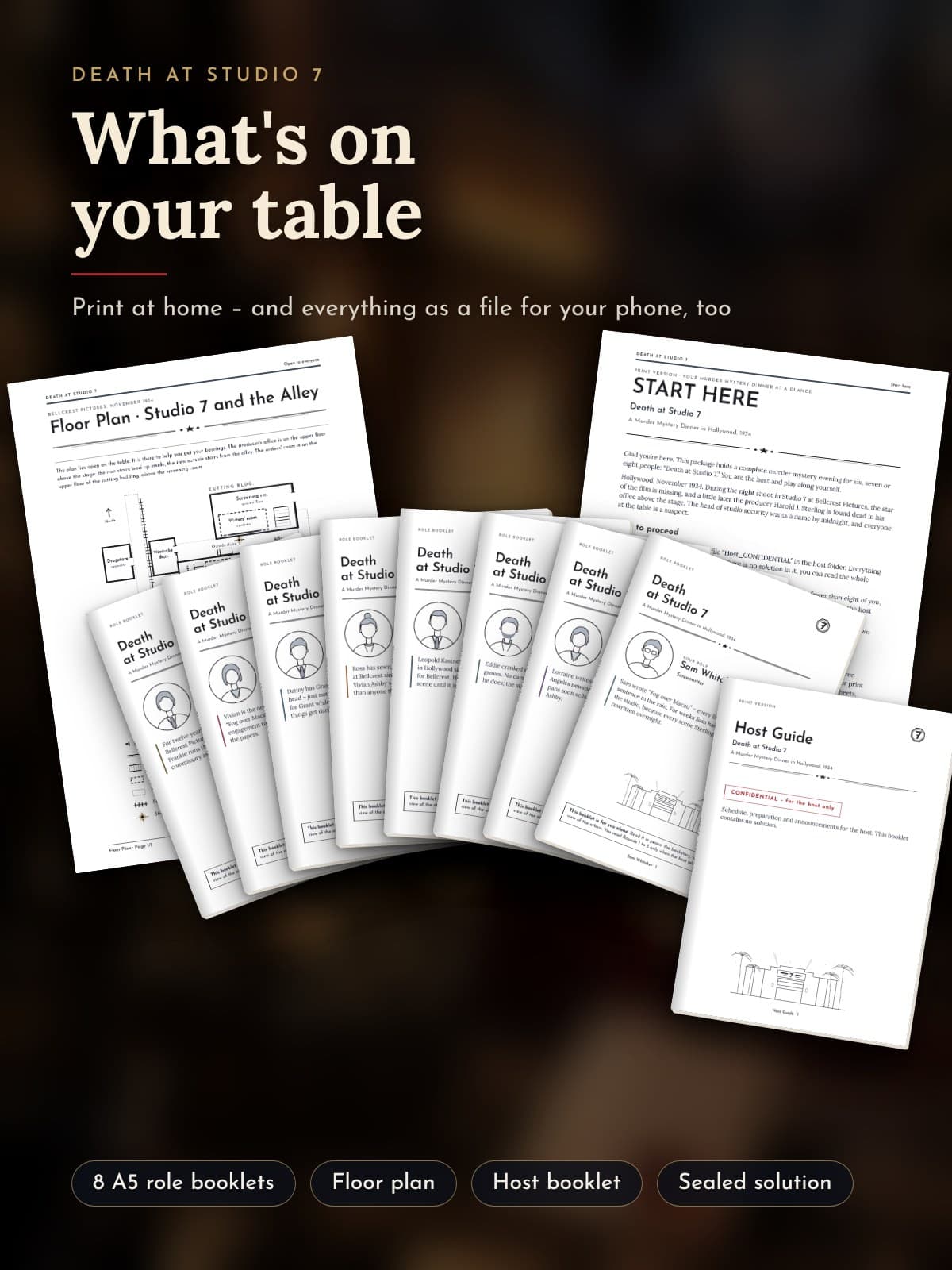 The printed materials on a table: A5 role booklets, floor plan, START HERE, host booklet and a prop