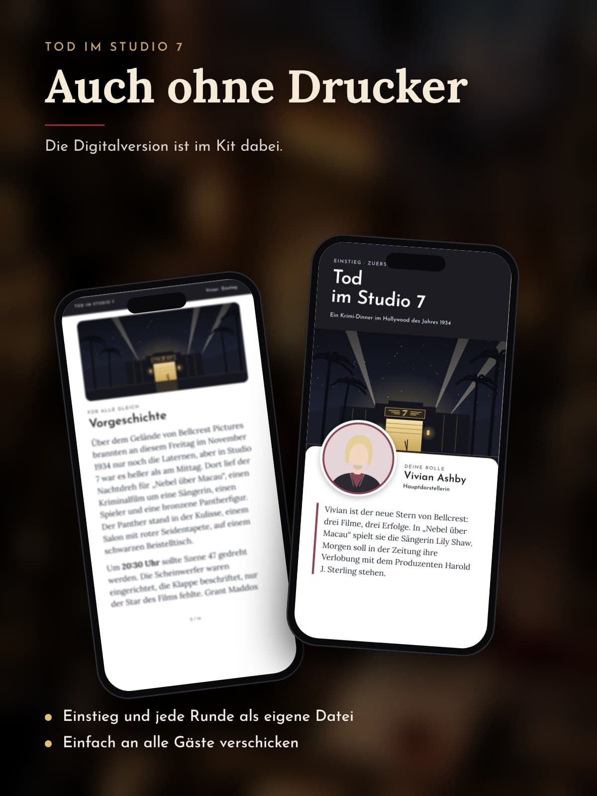 Zwei Handys zeigen den Einstieg einer Figur aus der Digitalversion