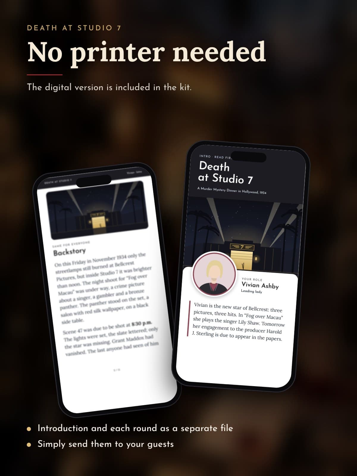 Two phones showing a character's introduction from the digital version